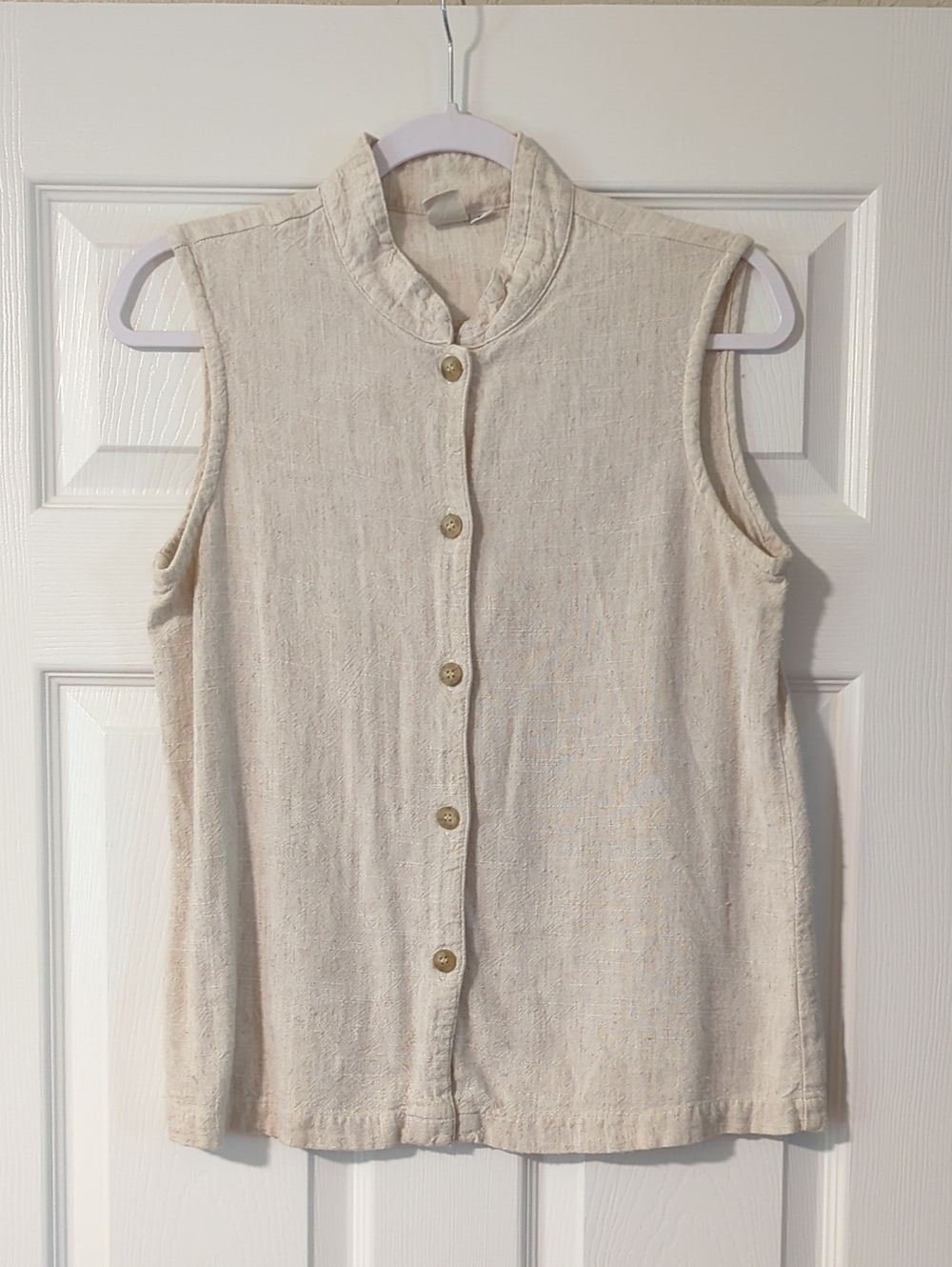Beige Linen Sleeveless Button-Down Top with Stand Collar